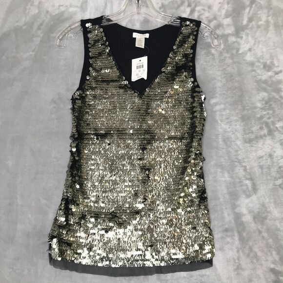 Cache Tank Top Womens Small Black Pewter Silver Sequin VNeck NEW Metallic Party - Picture 1 of 7